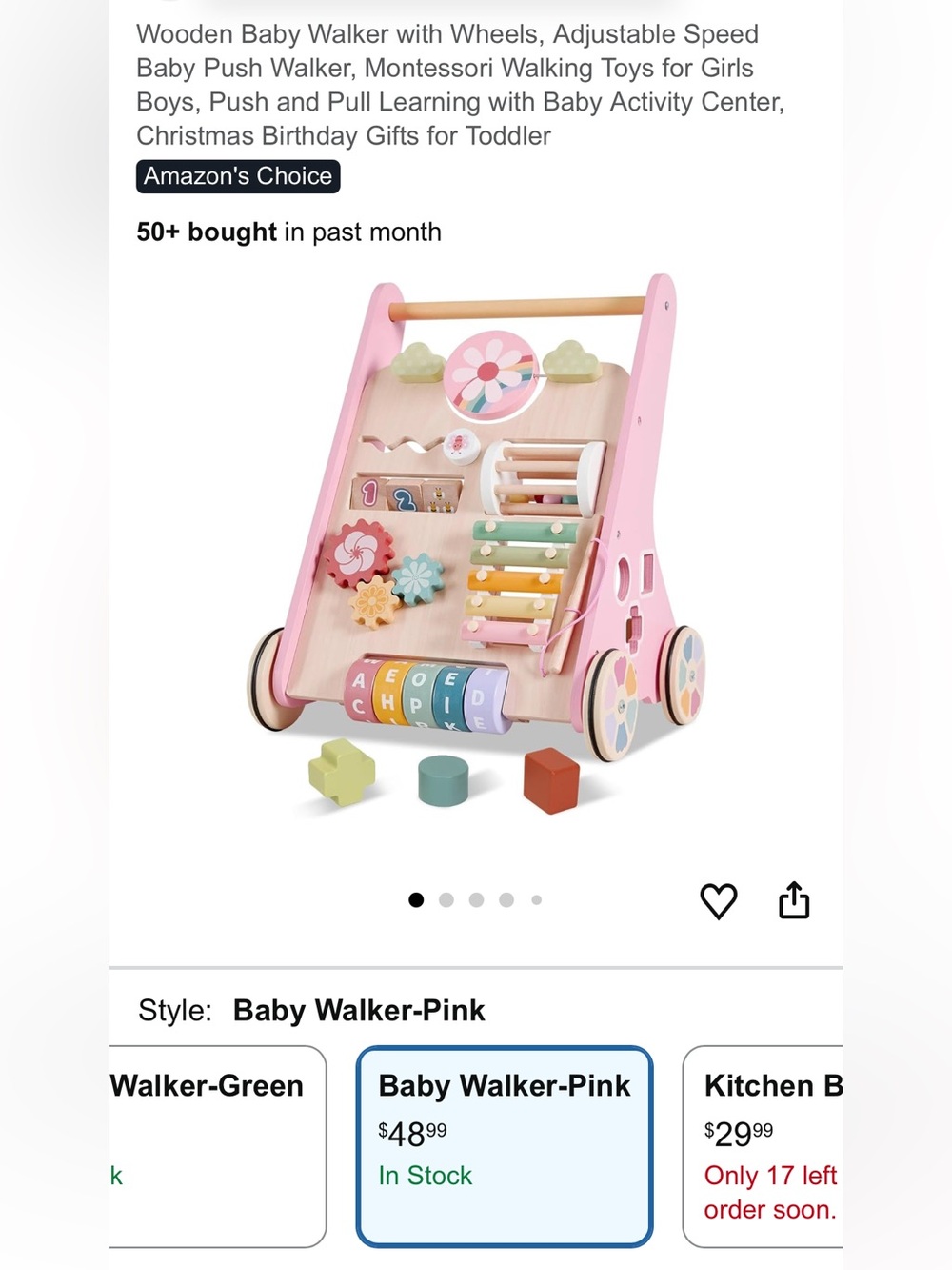 Wooden Baby Walker Activity Push Toy - Pink